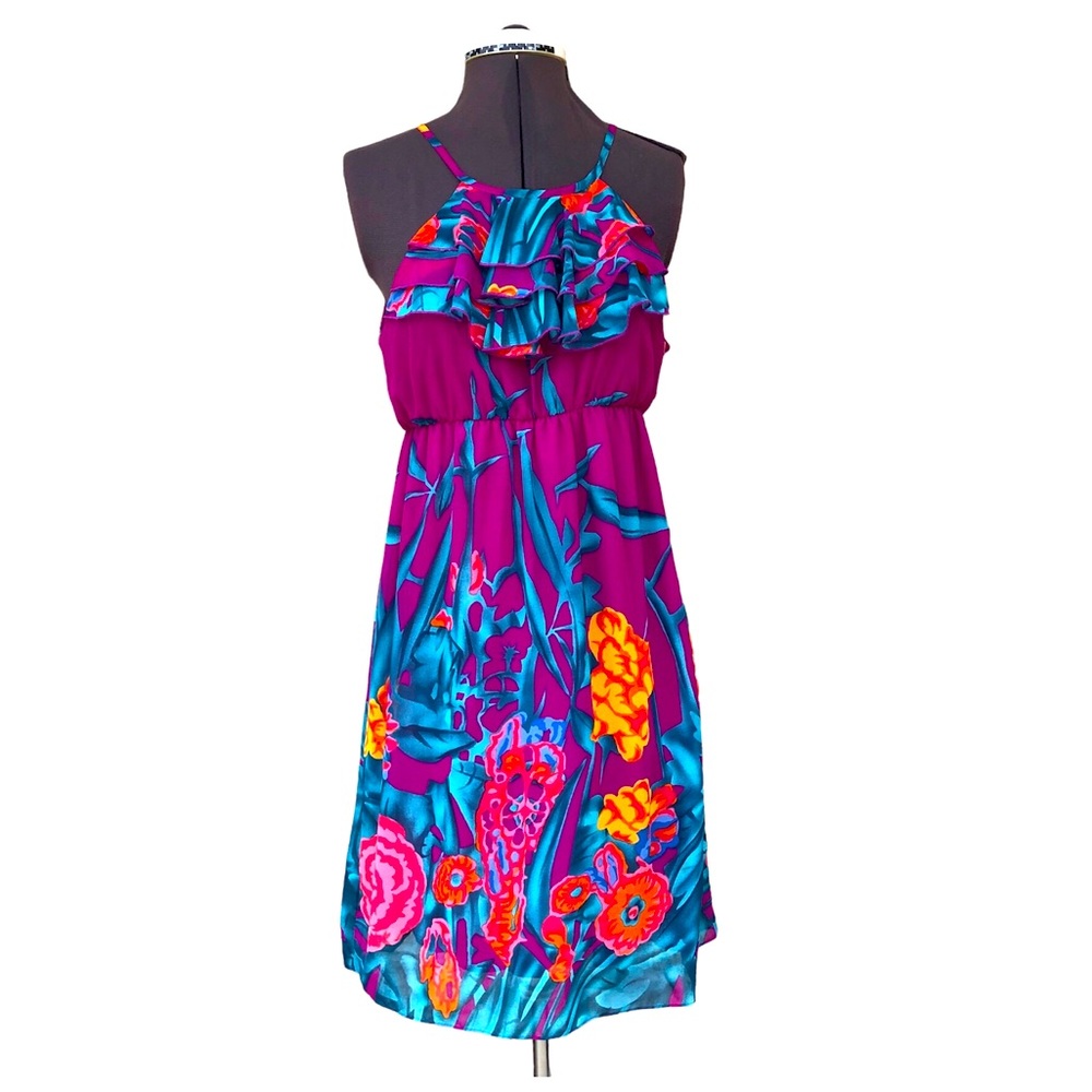 Vintage Made USA Tulip Ruffle Tie Back Sleeveless Lined Purple Floral Dress M